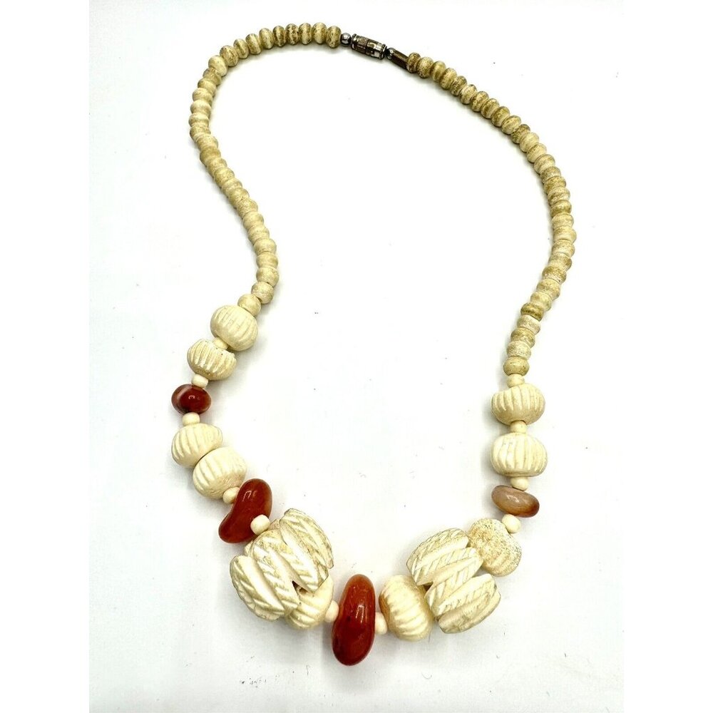 vintage Carved Bovine Bone And Carnelian Chunky Bead Necklace